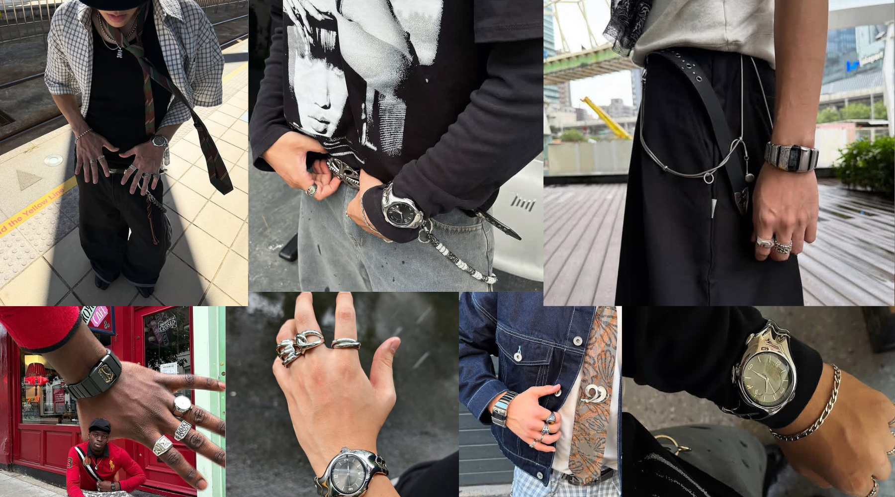 A collage of streetwear hands wearing silver rings and watches, showcasing layered accessories, bold metal textures, and modern urban styling.